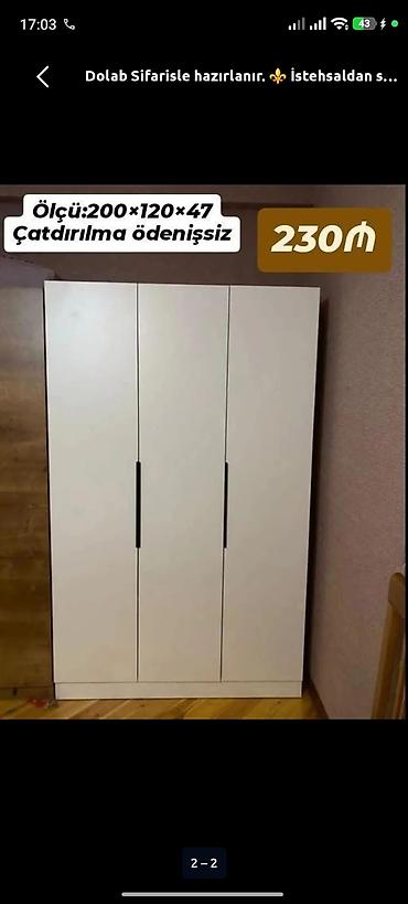 yataq manej: Düz dolab, Yataq otağı üçün, Paltar üçün, Açılan, Korpuslu, 3 qapılı — 1