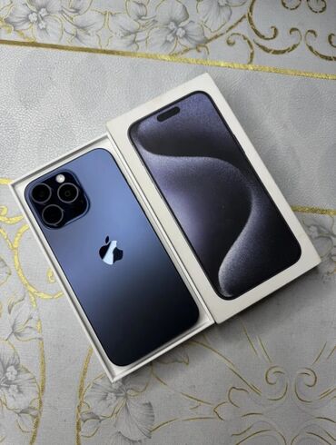 купить стационарный телефон: IPhone 15 Pro Max, Колдонулган, 256 ГБ, Blue Titanium, Кабель, Коргоочу айнек, Каптама, 89 %