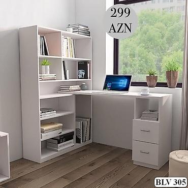 divar kitab refleri: Müasir dizaynlı iş masası – inteqrə olunmuş rəf sistemi ilə - — 6