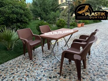 islenmis plastik stol stul: Yeni, Dördbucaq masa, 4 stul, Stullar ilə, Həsir toxunuşlu, Türkiyə