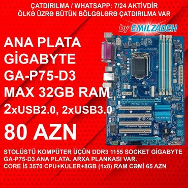 Digər kompüter aksesuarları: Ana Platası Gigabyte Gigabyte GA-P75-D3, İşlənmiş