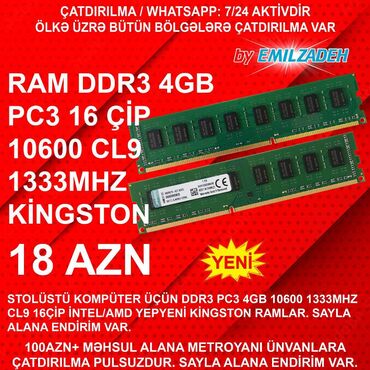 Elvin Emilzadə: Operativ yaddaş (RAM) Kingston, 4 GB, 1333 Mhz, DDR3, PC üçün, Yeni