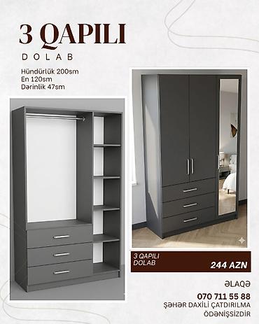 imperial mebel: 3 qapılı dolab – müasir dizayn, tünd boz rəng. Ölçülər: hündürlük 200 — 1