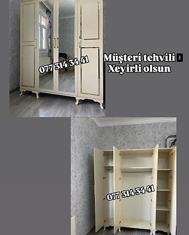 Paltar dolabları, qarderoblar: 4 qapılı paltar şkafı - Rəng: krem/bej tonları, qızılı dekor xətləri — 3