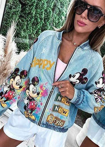 Ženska teksas bomber jakna sa printom crtanih likova - Model: ležerna — 8