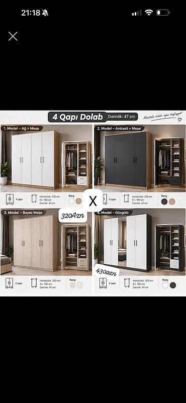 4 qapılı dolab – dərinlik 47 sm, hündürlük 200 sm, en 160 sm. Geniş