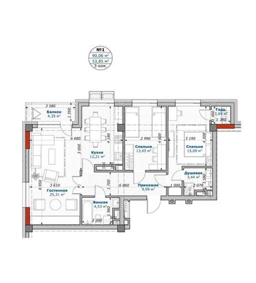 Продажа квартир: 3 комнаты, 90 м², Элитка, 7 этаж, ПСО (под самоотделку)