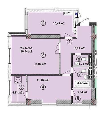 Продажа квартир: 2 комнаты, 60 м², Элитка, 12 этаж, Готовая ПСО (под самоотделку) — 9