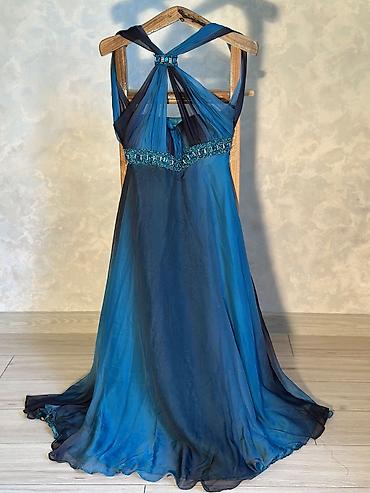 yves saint: Vintage Yves Calin embellished mesh maxi dress in deep ocean blue — 2