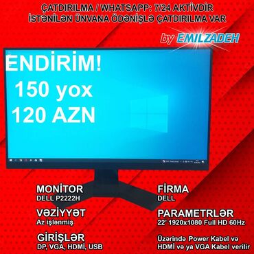 Monitorlar: Monitor "22’ Dell P2222H" ENDİRİM!!! 🚚Metrolara və ünvana çatdırılma