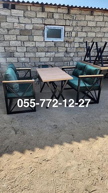 Bağ, çöl mebeli: Metall karkaslı bağ-kafe dəsti - Tərkib: 1 stol + 2 ikiyerli kreslo — 2