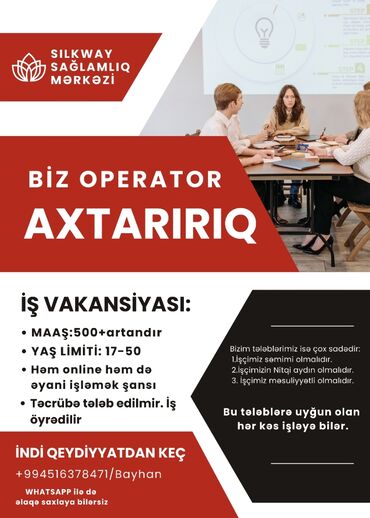 Çağrı mərkəzi operatorları: Çağrı mərkəzi operatoru tələb olunur, 30-45 yaş, Təcrübəsiz, Aylıq ödəniş