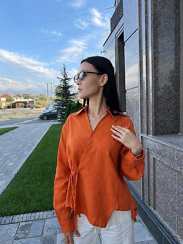рубашка лён: Блузка, Лен, Однотонный, На запах — 4