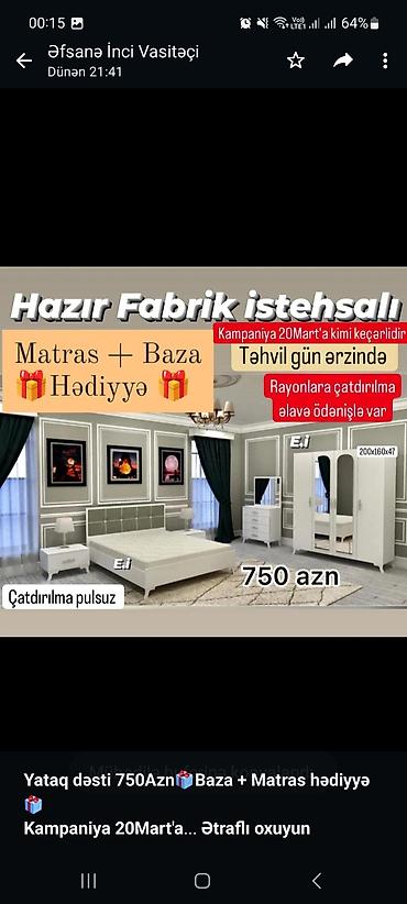 mebel trimo: *Yataq dəsti 750Azn🎁Baza + Matras hədiyyə🎁* *Kampaniya 20Mart'a kimi — 4