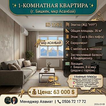 1 комната, 36 м², Асанбай мкр Элитка, 5 этаж, Евроремонт