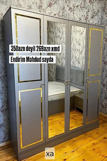 Dördkapılı geyim şkafı - Rəng: boz, qızılı dekor xətləri ilə - Ön