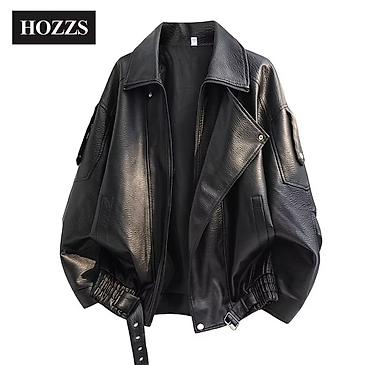 байкер: Куртка HOZZS из эко‑кожи, оверсайз - Материал: плотная фактурная — 1