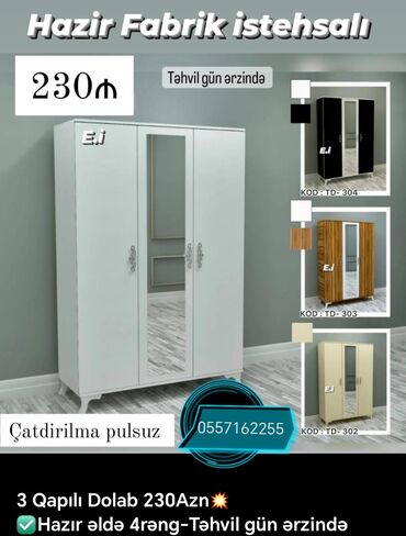 Sifarişlə dolablar: Düz dolab, Qonaq otağı üçün, Dəhliz üçün, Yataq otağı üçün, Paltar üçün, Açılan, Quraşdırıla bilən, 3 qapılı — 2