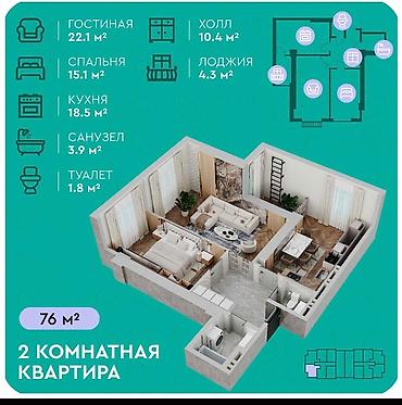 2 комнаты, 76 м², 7 этаж