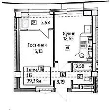 osh flat: 1 комната, 40 м², Южная Магистраль Элитка, 12 этаж, ПСО (под самоотделку) — 1