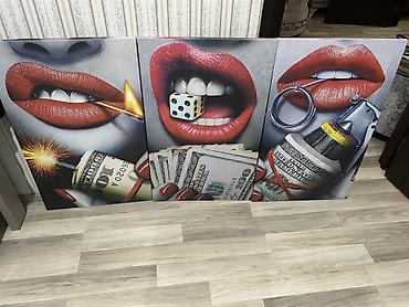 bez parca: Mövzu: 3 parçalı müasir divar tablo seti – “Red Lips & Money” — 4