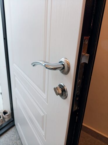 Giriş qapıları: Ağ rəngli giriş qapısı – klassik panel dizaynlı, qara metal karkaslı — 4