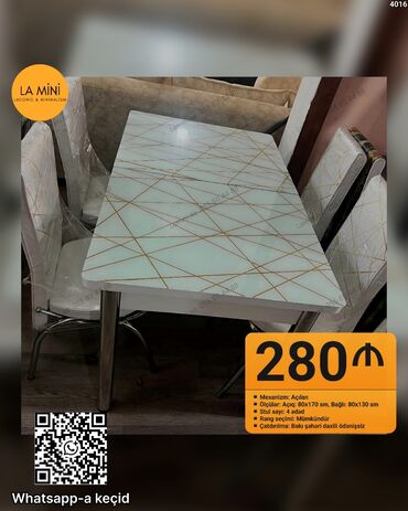 demir şifir: Mətbəx üçün, Açılan, Dördbucaq masa, 4 stul