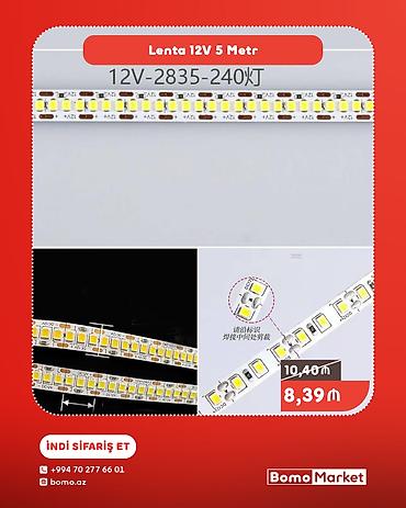 led lent: LED lentə – 12V, 5 metr - Model: 2835 LED, 240 LED/m (yüksək sıxlıq) - — 1
