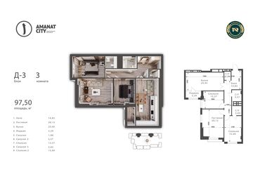 3 комнаты, 97 м², 7 этаж, ПСО (под самоотделку)