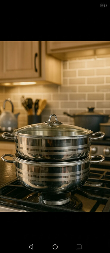 Tava-qazan dəstləri: Qazan, rəng - Gümüşü, Paslanmayan polad, Türkiyə — 1