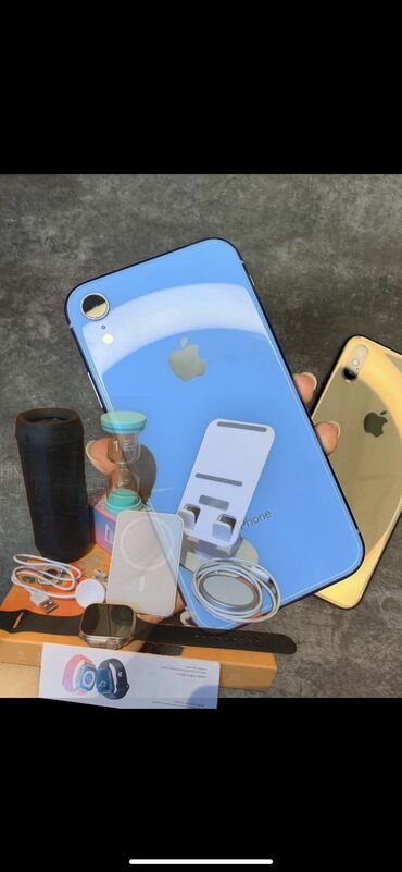 Apple iPhone: IPhone Xr, Б/у, 128 ГБ, Голубой, Зарядное устройство, Защитное стекло, Чехол, 81 %