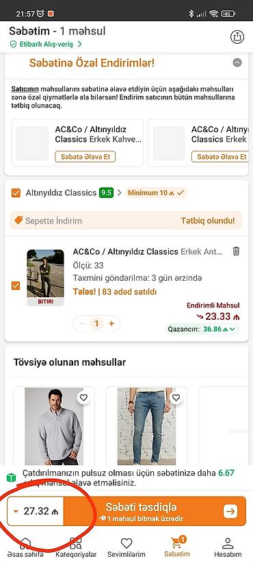 Cinslər: AC&Co / Altınyıldız Classics kişi cins şalvarı. Ölçüsü çox kiçik — 3