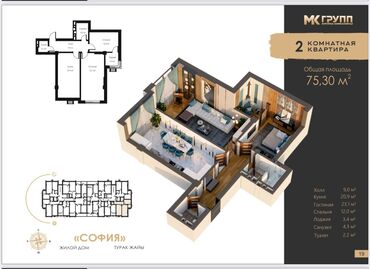 панфилова квартира: 2 комнаты, 78 м², Элитка, 3 этаж, ПСО (под самоотделку)