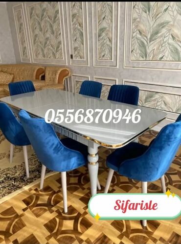 Masa və oturacaq dəstləri: Qonaq otağı üçün, Yeni, Açılan, Dördbucaq masa, 6 stul — 45