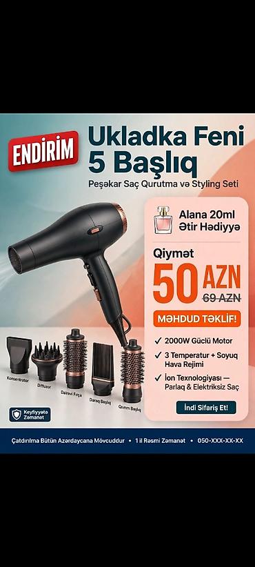 dvd disk qiymeti: Ukladka Feni – 5 Başlıqlı Peşəkar Saç Qurudma və Styling Seti — 1