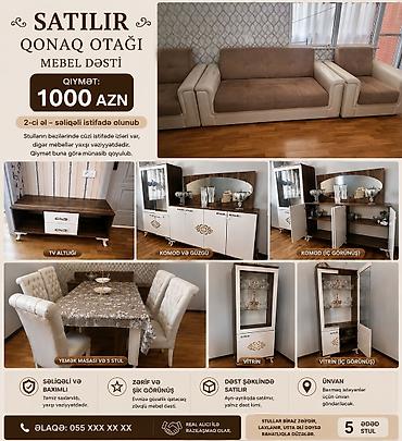 декор для дома: Qonaq otağı mebel dəsti Məzmun: - Divan + 1 kreslo (krem rəngli süni — 1