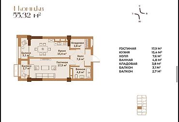 Продажа квартир: 1 комната, 55 м², Элитка, 10 этаж, ПСО (под самоотделку) — 2