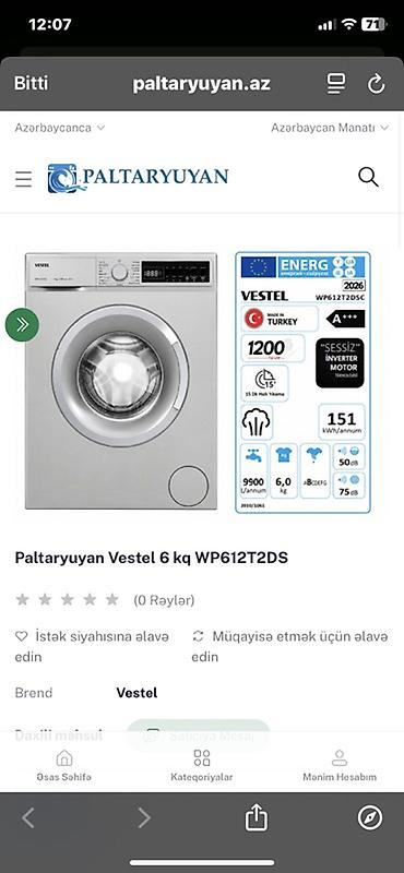 lili soku: Paltaryuyan maşın Vestel, 6 kq, Yeni, Avtomat, Qurutmasız, Ünvandan götürmə — 2