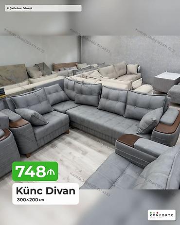 kunc divanlar ucuz: Künc Divan – 300×200 sm - Dərin boz rəngli, yumşaq toxumalı parça — 1
