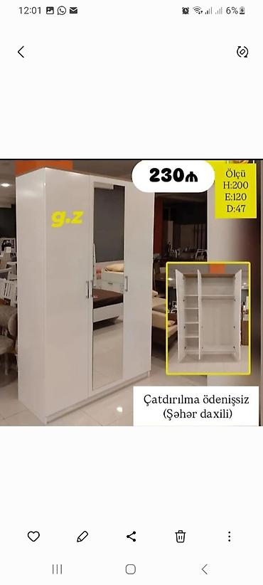 hamam dizaynlari: Ağ rəngdə 3 qapılı şkaf - Ölçü: H:200 sm, E:120 sm, D:47 sm - Ortada — 1