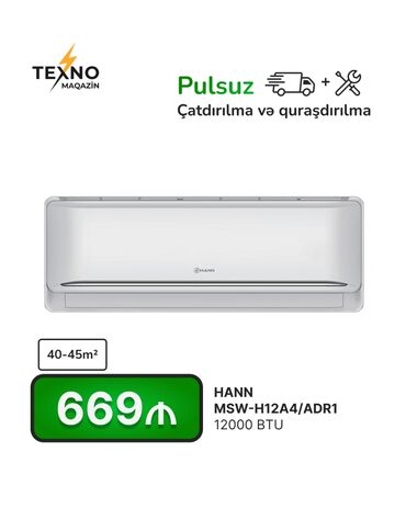 kondisaner ev ucun: Kondisioner 40-45 kv. m, Split sistem, Kredit yoxdur, Pulsuz quraşdırılma