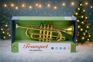 Muzički instrumenti za decu: Muzička truba – dečja igračka - Sjajna zlatna truba u kutiji “Trumpet — 9