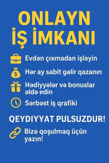 semkir is elanlari 2024: Onlayn iş imkanı. 350+ 💵 İş növü: Evdən iş. Yalnız xanımlar üçün, iş