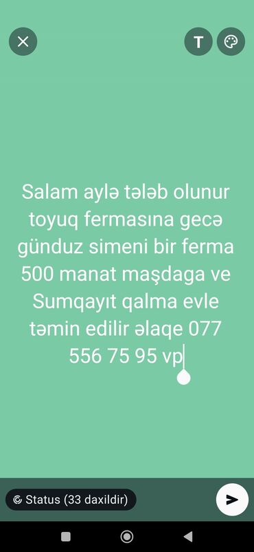Другие специальности: Toyuq fermasında iş – ailə üçün - İş yeri: Toyuq ferması - İş rejimi