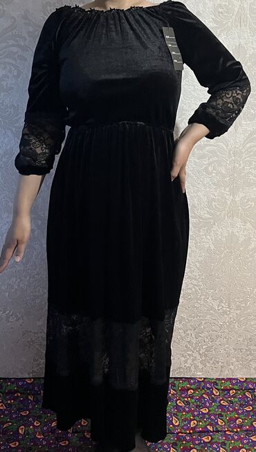 черное платье: Повседневное платье, Осень-весна, Длинная модель, 3XL (EU 46)
