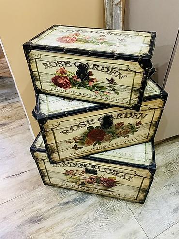 sandiq: Vintage üslubda 3 ədəd dekorativ sandıq dəsti. - Dizayn: “ROSE — 2