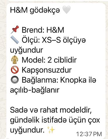 kurtka modelləri: H&M gödəkçə - Brend: H&M - Ölçü: XS–S ölçüyə uyğundur - — 1
