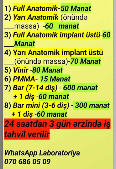 etir vitrini: Diş laboratoriyası aşağıdakı xidmətləri təklif edir: Full Anatomik -