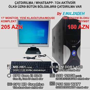 Digər kompüter aksesuarları: Masaüstü Kompüter "Qori DDR3 1155 H61/Core i3 3240/4GB Ram/128GB SSD"