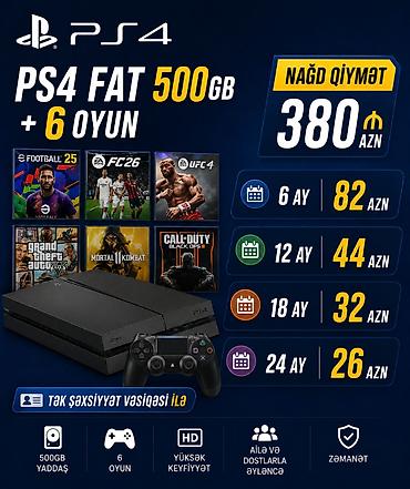 fat: PS4 FAT 500GB + 6 oyun paketi Xüsusiyyətlər: - 500GB yaddaş - 1 ədəd — 1